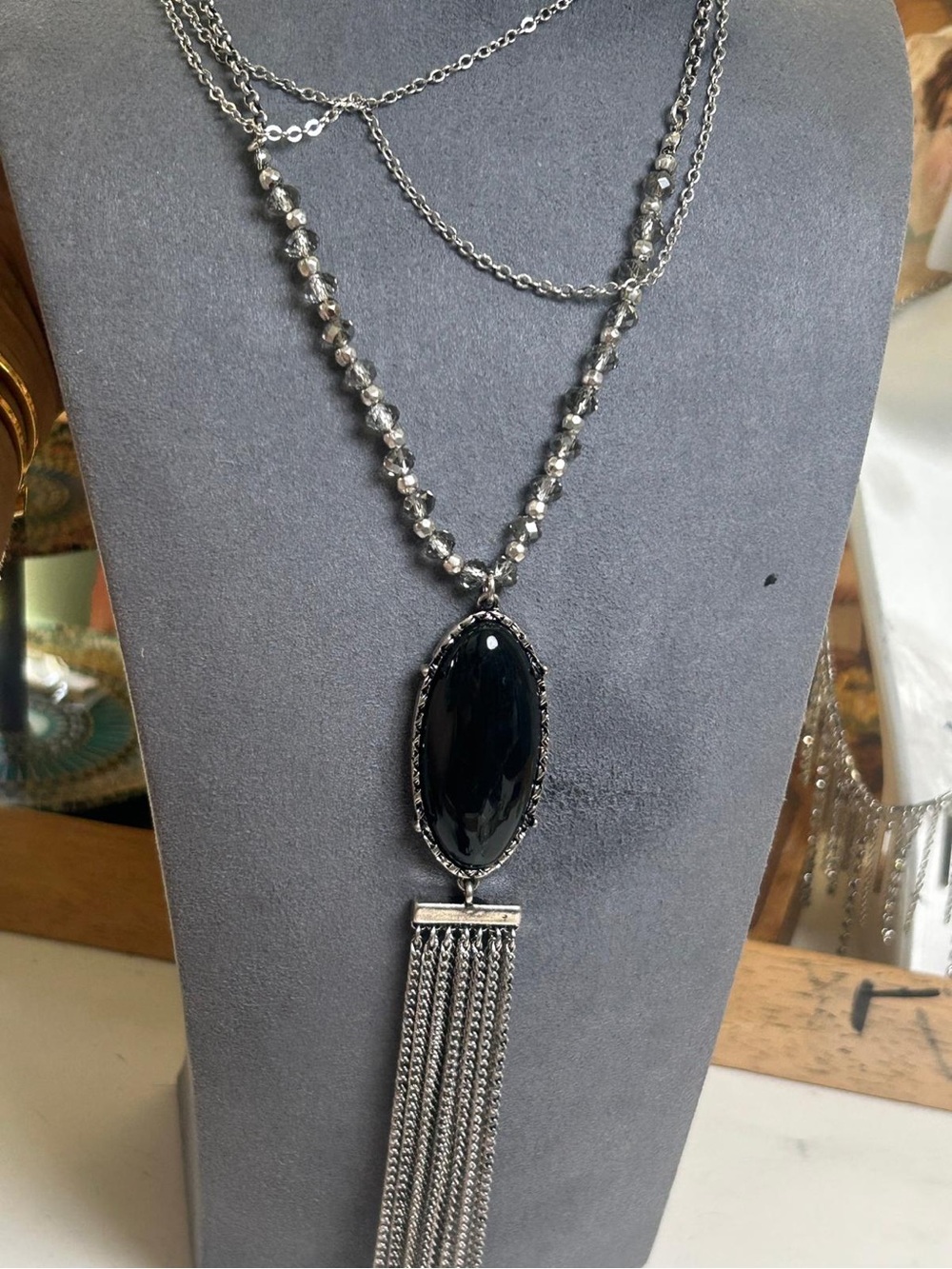 Silver-Tone Black Stone Tassel Necklace